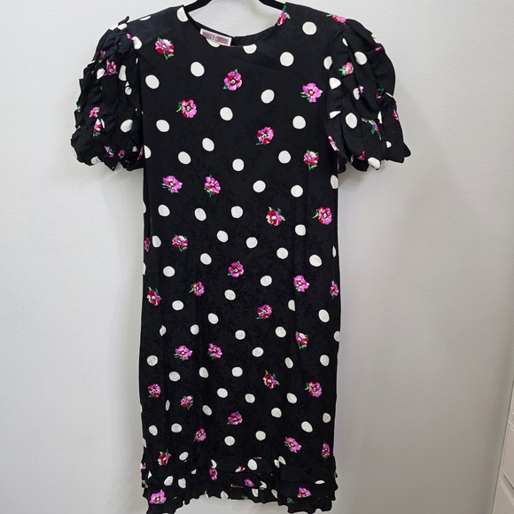 Maggy London Dresses & Skirts - Vintage Maggy London Silk Polka Dot Floral Ruffle Dress Shoulder Pads Black 14